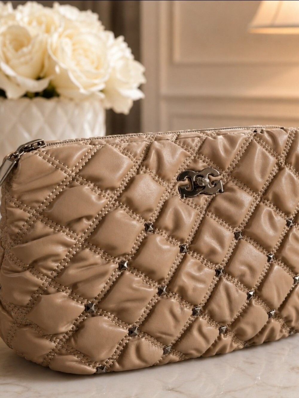 Gilda Paris Quilted Tan Shoulder Crossbody Bag with Gunmetal Hardware NWT